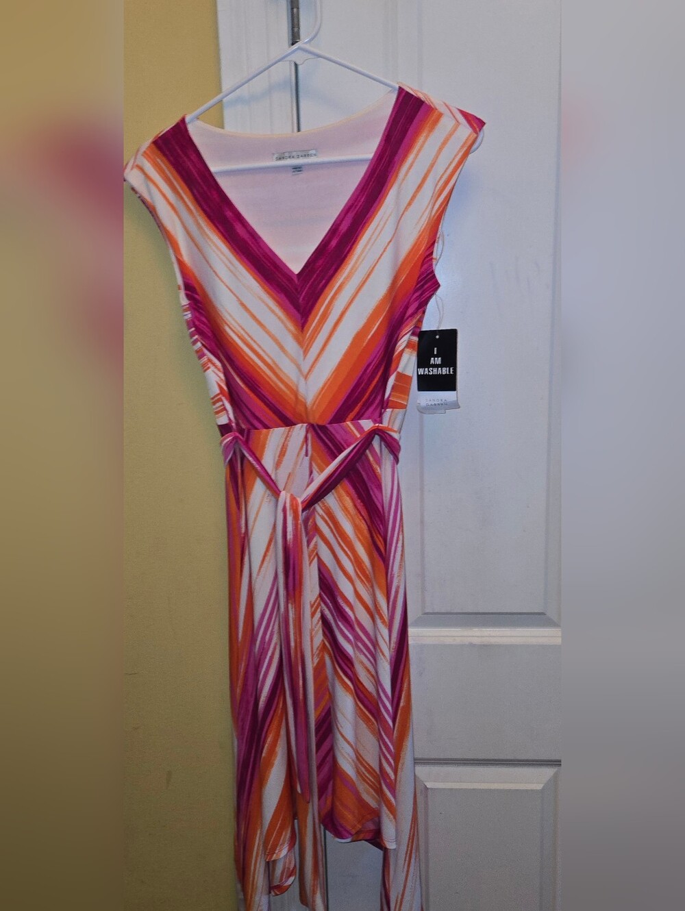 Sandra Darren V-Neck Striped Sleeveless Summer Dress in Pink, Orange, White 6